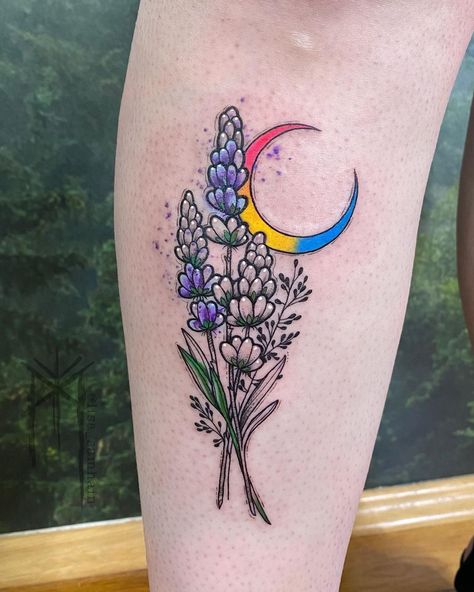 Lisa Samhain Tattoo · ᛗ · ᛉ · on Instagram: “• I was allowed to tattoo my lavender design in #pansexualpride colours last Saturday, thank you thousand times, Jennifer ❤️🧡💛💚💙💜• . . .…” Paint Smudge Tattoo, Lavender Menace Tattoo, Pansexual Tattoo Ideas, Samhain Tattoo, Pansexual Tattoo, Pride Tattoo Ideas, Queer Tattoos, Violet Tattoo, Lavender Design