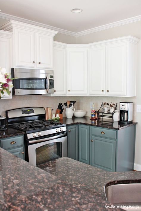 Colored Kitchen Cabinets With Dark Countertops, Paint Colors For Dark Countertops, Colored Kitchen Cabinets With Black Countertops, Two Toned Kitchen Cabinets With Black Countertops, Kitchen Cabinet With Dark Countertop, Painted Kitchen Cabinets Black Countertop, Dark Countertops Colored Cabinets, Best Cabinet Colors For Dark Countertops, Different Colored Top And Bottom Kitchen Cabinets