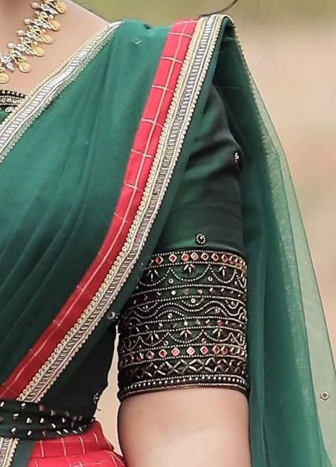 Traditional Blouse Embroidery Designs, Green Blouse Maggam Work Designs Latest, Green Blouse Handwork Designs, Beeds Work Blouse Designs, Arri Work Blouse Designs Latest Simple, Green Aari Blouse, Green Blouse Embroidery Designs, Simple Green Blouse Designs For Saree, Simple Wedding Blouse Designs