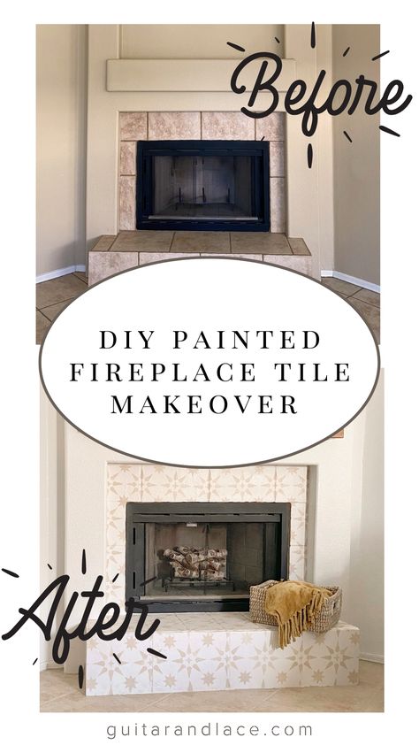 diy fireplace painted tile. Modern Boho Fireplace, Painted Fireplace Tile, Painted Tile Fireplace, Tile Fireplace Makeover, Easy Diy Fireplace, Boho Fireplace, Paint Fireplace Tile, Tile Around Fireplace, Stencil Tile