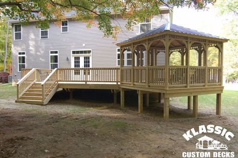 Wood Decks - Klassic Custom Decks Back Deck On Ranch Style House, Gazebo On Deck Attached To House, Square Gazebo Ideas Backyard, Deck Gazebo Ideas, Deck Off Back Of House, Side Porch Ideas, Cottage Deck, Porch Update, Patio Extension