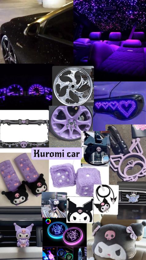 Kuromi car idea / accessories Cute Cars Accessories Interiors Girly, Car Mods Interior Purple, Kuromi Car Decor, Purple Car Decorations, Lavender Car Interior, Kuromi Car Interior, Purple Car Interior Aesthetic, Purple Interior Car, Y2k Car Accessories