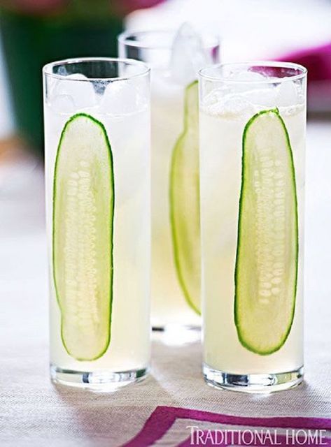 Limeade garnished with cucumber slices Cucumber Limeade, Drink Presentation, Spring Lunch, Refreshing Summer Drinks, Cocktail Garnish, Presentation Ideas, Think Food, Summer Refreshments, Adult Drinks