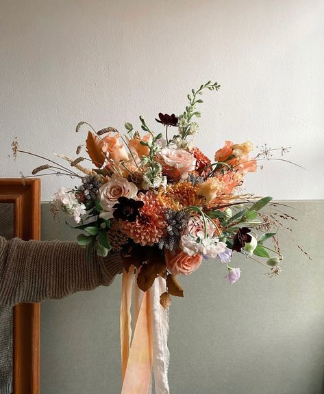 Wedding Florals Earth Tones, Big Fall Wedding Bouquets, Terracotta Florals Wedding, Sage And Terracotta Bouquet, Muted Fall Bouquet, Terra Cotta Bridal Bouquet, Anemone Wedding Bouquet Fall, Whimsical Bridal Bouquet Fall, Terracotta Bride Bouquet