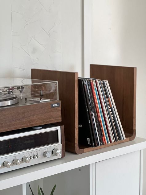 Modern design Vinyl Record holder, Wood Record Storage walnut color, LP Record Stand, Record Cabinet, Record Player Console, Record Storage Vinyl Record Wall Storage, Black Themed Apartment, Vinyl Player Setup, Lp Record Stand, Record Album Storage, Record Player Console, Record Player Cabinet, Vinyl Shelf, Record Rack