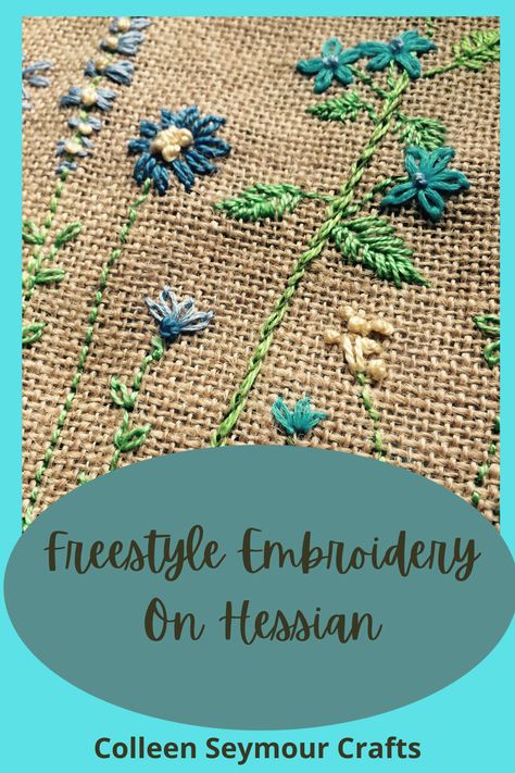 Embroidery On Burlap Fabric, Embroidery On Hessian, Hessian Embroidery, Burlap Embroidery, Creative Stitching, Stitch Stuff, Fabric Cards, Burlap Fabric, Bag Ideas