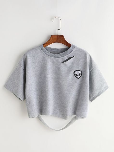 Shop Grey Alien Patch Ripped Crop T-shirt online. SheIn offers Grey Alien Patch Ripped Crop T-shirt & more to fit your fashionable needs. Alien Patch, Grey Alien, Belly Shirts, Ripped Shorts, Crop T Shirt, Cute Crop Tops, Knit Sweatshirt, Girls Fashion Clothes, Fashion 2017