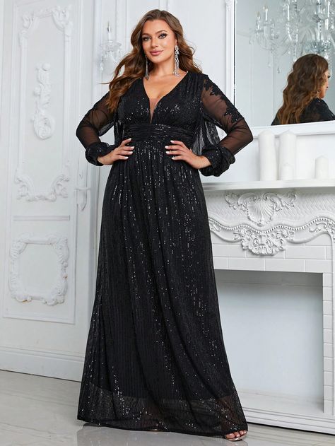 Black  Collar Long Sleeve Sequins Plain A Line Embellished Slight Stretch  Weddings & Events Bride Dress Black, Affordable Formal Dresses, Dresses With Long Sleeves, Plus Size Chic, Party Dress Black, Black Plus Size, Sequin Formal Dress, Plus Size Formal Dresses, Maxi Dress Prom