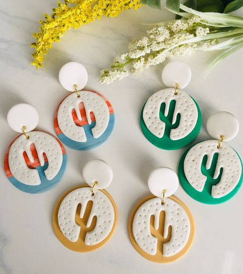 Cactus Silhouette, White Sunset, Earring Inspo, Fimo Polymer Clay, Diy Earrings Polymer Clay, Clay Clay, Polymer Clay Jewelry Tutorials, Handmade Clay Jewelry, Cactus Earrings