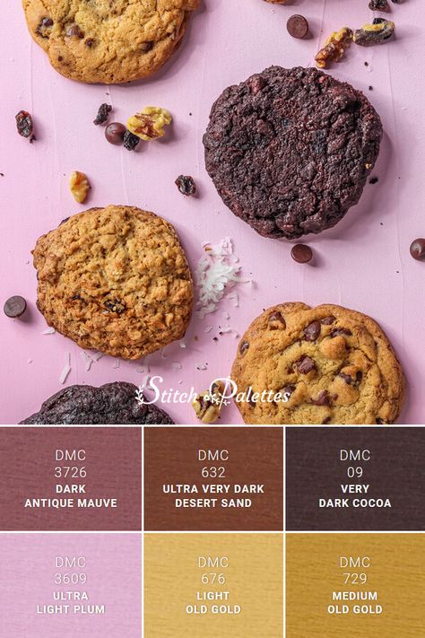 Cookie Colour Palette, Stitch Palette, Embroidery Color Palette, Stitch Palettes, Chocolate Palette, Gold Color Palette, Dark Desert, Cookies Branding, Dessert Packaging