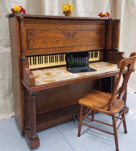 Dyi Patio, Piano Projects, Repurposed Pianos, Repurposed Piano, Piano Crafts, Music Furniture, Piano Desk, Old Piano, Coffee Cabinet