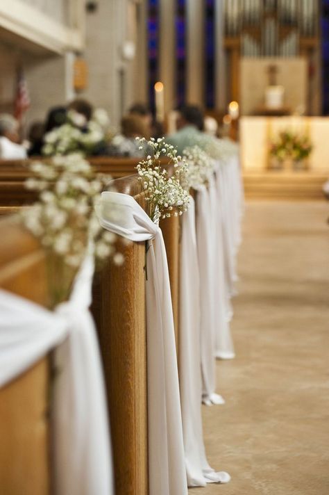 Aisle Pew Decorations, Aisle Decorations Wedding Pew, Ribbon On Pews For Wedding, Wedding Aisle Ribbon Decor, Pew Decorations Wedding Simple, Chapel Pew Wedding Decorations, Pew Decor Wedding, Decorating Pews For Wedding, Chapel Aisle Decor