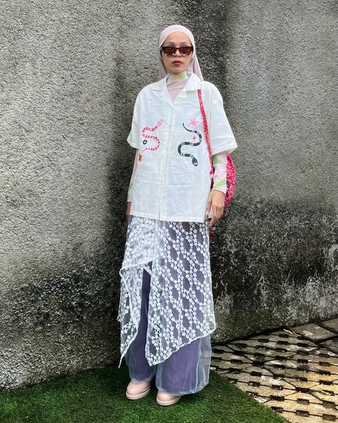 weekend means an easy outfit day ✨🫶🏼 outfit deetz shirt —— @officialquirke lace skirt —— @anyble.co pants —— @lesstemporal shoes —— @zaxy.id Demon Skirt Outfits, Lace Skirt Over Jeans, Skirt Over Jeans, Skirt Over Pants, Skirt Styling, Dress Over Jeans, Stylish Outfits Casual, Easy Outfit, Day Outfit