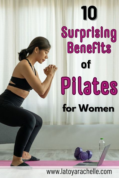 A promotional Pinterest pin featuring an Asian woman performing a squat position exercise as part of a Pilates routine. The pin includes bold purple text stating '10 Surprising Benefits of Pilates for Women' and lists the website www.latoyarachelle.com. The background shows a bright room with light curtains and fitness equipment like dumbbells and a water bottle on a pink mat near an open laptop. Benefits Of Pilates, Classical Pilates, Mat Pilates Workout, Cheap Diy Halloween Decorations, Pilates Benefits, Pilates Challenge, Pilates Workout Routine, Reformer Pilates, Pilates Body