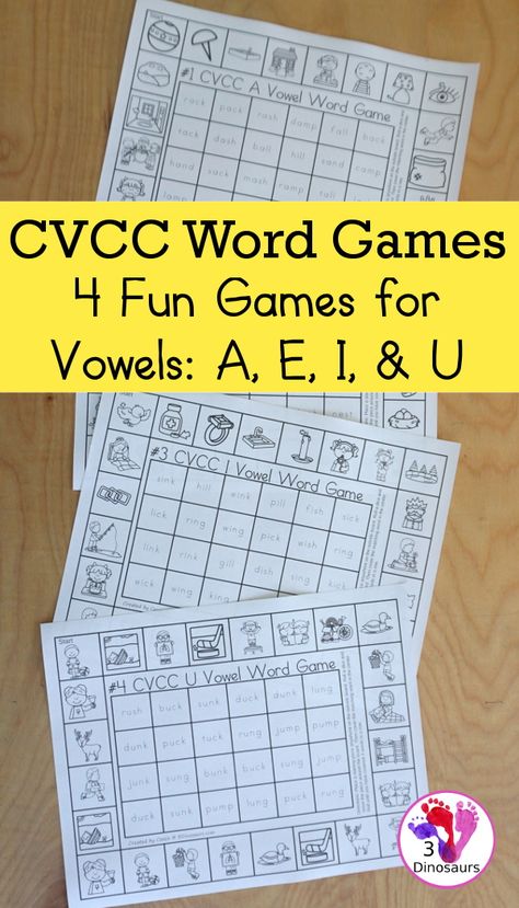 Free CVCC Word Printable Games - 4 fun games with CVCC short a words, CVCC short e words, CVCC short i words, CVCC sort u words with pictures outside and words to find in the middle. A great review for CVCC words- 3Dinosaurs.com #cvccwords #freeprintble #learningtoread #firstgrade #secondgrade #3dinosaurs Short A Words, Short Vowel Games, I Words, Word Families Printables, Cvc Word Games, Spelling Cvc Words, Short I Words, Short E Words, Ccvc Words