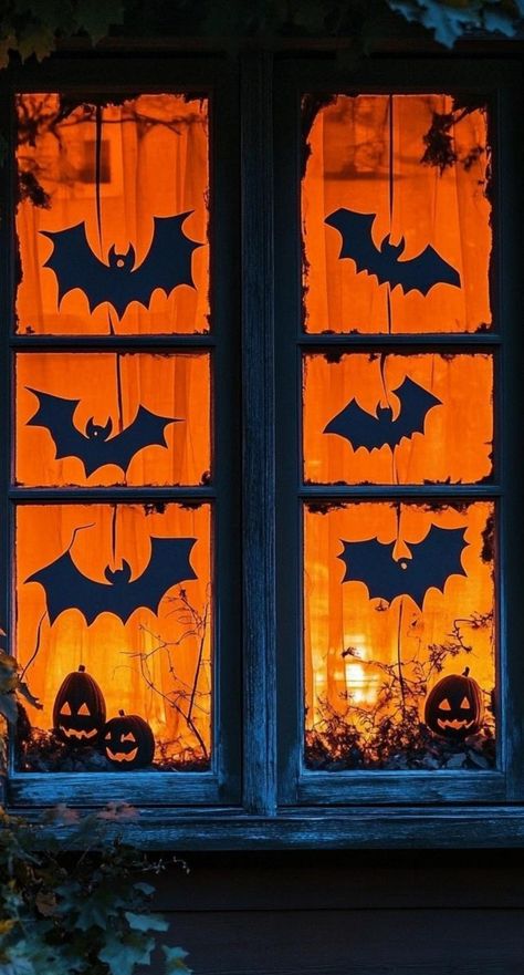 Transform your windows into portals of fright with these Halloween decorations! Create a 3D effect by layering cutouts of a haunted house, flying witches, and a full moon. Use battery-operated flickering candles in different heights for ambiance. Hang strings of miniature pumpkin lights. Create shadow puppets with cardboard and a small lamp. Display a collection of antique-looking potion bottles. Add holographic ghost projections for a high-tech scare. Don't forget to include some fall leaves an Halloween Cardboard Window Cutouts, Halloween Window Ideas Diy, Spooky Silhouettes Halloween Window, Ghost Window Display, Halloween Window Cutouts, Cardboard Fall Decor Diy, Witchy Window, Fall Window Decorations, Halloween Windows