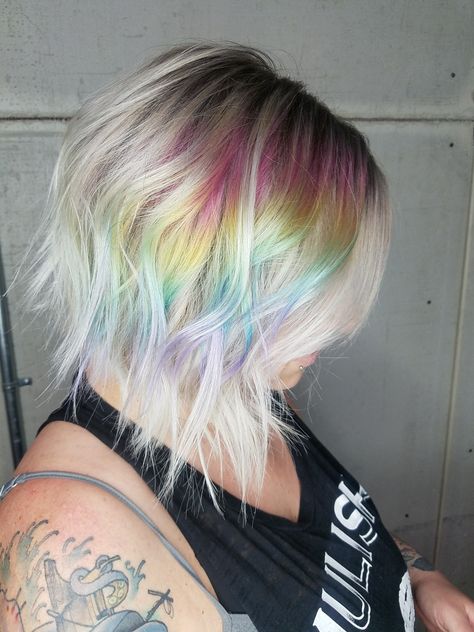 Short Prism Hair, Prism Hair Color Short, Blonde Hair With Pop Of Color Short, Blonde Hair Rainbow Highlights, Prism Highlights, Prismatic Hair, Rainbow Prism Hair, Prism Hair Color, Prism Hair