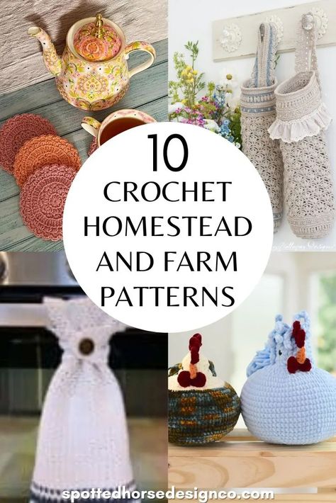 10 Free Crochet Homestead and Farm Patterns You'll Love - Spotted Horse Design Co. Homestead Crochet Projects, Knitting And Crocheting Free Patterns, Cottage Core Crochet Patterns, Farmhouse Crochet, Spotted Horse, Simple Scarf Crochet Pattern, Crochet Garden, Chicken Pattern, Crochet Pillow Cover