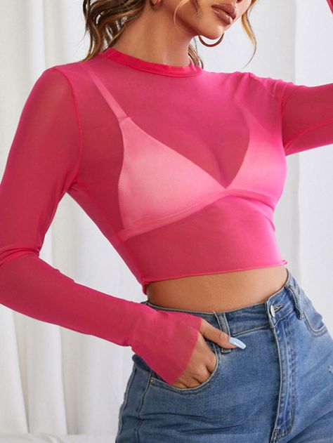 Hot Pink Sexy  Long Sleeve Mesh Plain   Slight Stretch Spring/Summer Women Tops, Blouses & Tee Hot Pink Long Sleeve Top, Hot Pink Mesh Top, Pink Sheer Top Outfit, Mesh Pink Top, Pink Sheer Long Sleeve Top, Crop Top Rosa Outfit, Pink Mesh Top Outfit, Pink Fishnet Outfit, Crop Top Fucsia