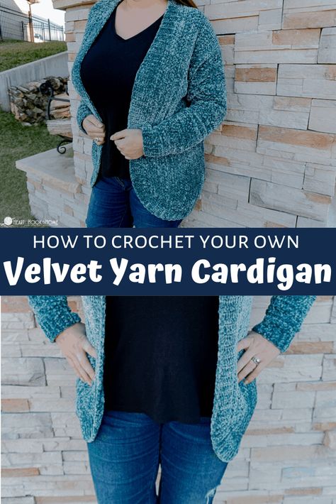 Velvet is everywhere you look right now. Making your own velvet cardi is way more fulfilling than buying a velvet cardigan off the rack, and cheaper, too! Crochet Velvet Cardigan Free Pattern, Velvet Yarn Projects, Crochet Cardigan Pattern Free Women, Crochet Jackets, Velvet Crochet, Foundation Half Double Crochet, Crochet Apparel, Crochet Dreams, Velvet Cardigan