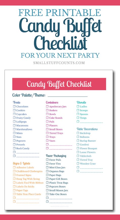 I created a printable checklist to help you gather all of the supplies to create your own candy buffet. It includes a checklist of all the supplies you need to purchase and gather, along with a huge list of supply suggestions under each item. Colorful Candy Buffet, Diy Candy Buffet, Buffet Dessert, Candy Buffet Tables, Candy Bar Wedding, Printable Checklist, Event Planning Business, בר מצווה, Dessert Buffet