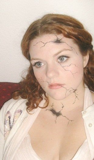 Cracked Porcelain Doll makeup - the first go-around.  Great for Halloween! Cracked Porcelain Doll, Cracked Doll Makeup, Cracked Porcelain, Broken Doll Makeup, Doll Makeup Halloween, Porcelain Doll Costume, Mask Creepy, Porcelain Doll Makeup, Joker Mask