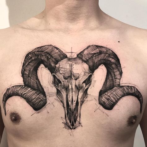 Bk_tattooer "goat skull" Goat Skull Tattoo, Chest Tattoo Designs Female, Tattoo Goat, Slavic Tattoo, Ram Tattoo, Goat Skull, Aries Tattoo, Ram Skull, Cool Chest Tattoos