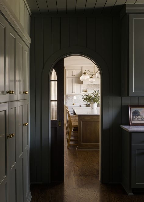 Ward Parkway Tudor Arch Pantry Entry, Pantry Arch, Tudor Home Interior, Arch Wall Design, Tudor Revival Interior, Dark Entryway, Entryway Remodel, Pantry Wall, Tudor Style Homes