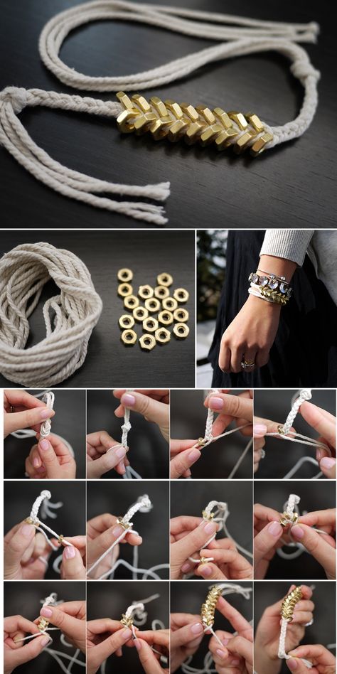 DIY Braided Hex Nut Bracelet inspired by Philip Grangi 's Giles & Brothers Hex Jewlery Collection. Supplies: Cotton Butcher's Twine & 18 small brass nuts. Hex Nut Bracelet, Nut Bracelet, Skirt Diy, Diy Braids, Diy Jewelry Inspiration, Diy Jewlery, Making Bracelets, Paracord Bracelets, Bracelet Tutorial