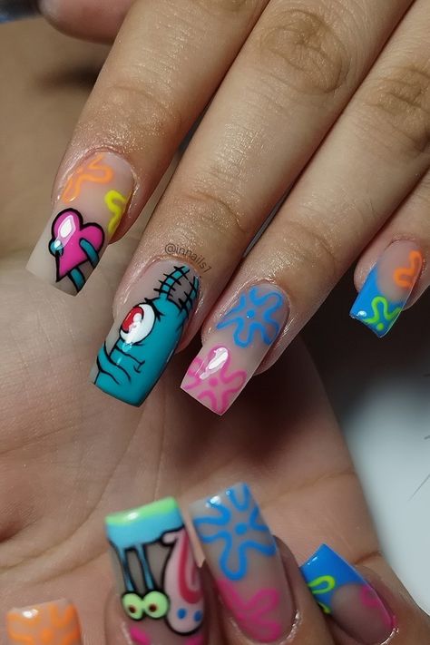 Spongebob squarepants nails, gary, plankton, Summer inspiration nails, green, pink, summer 2023, 2k23, uñas, unhas, cartoon nails Plankton Nails, Nails Green Pink, Acrylic Nails With Flowers, Gary Spongebob, Spongebob Nails, Nails With Flowers, Cartoon Nails, Inspiration Nails, Nails Green