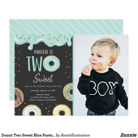 Donut Two Sweet Blue Pastel Second Birthday Party Invitation Two Sweet Party 2nd Birthday, Two Sweet Party, Donut Invitation, 2nd Birthday Party For Boys, Second Birthday Party, 2nd Birthday Boys, Shopping Gifts, Birthday Themes For Boys, Sweet Party