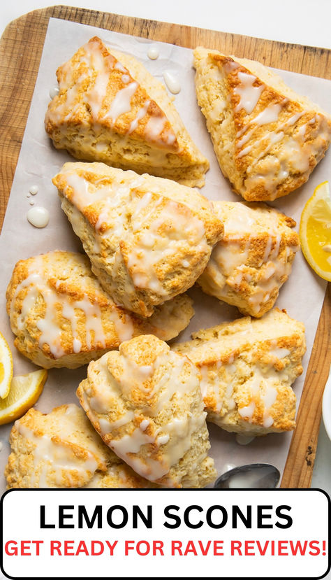 several scones are on parchment paper on a wooden board Easy Lemon Scones, Lemon Ginger Scones, Lemon Curd Scones Recipe, Scones Lemon, Baking Pastries, Lemon Scones Recipe, Lemon Breakfast, Fruit Treats, Tea Scones