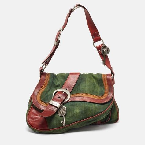 Dior Green Canvas nad Leather Large Gaucho Double Saddle Bag Dior | The Luxury Closet Dior Leather Bag, Dior Gaucho Bag, Dior Green, Accessory Inspo, Dream Bags, Tiktok Fashion, Women Crossbody Bag, Red Bag, Pretty Bags