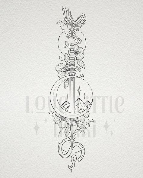 Serpent & Dove design for the lovely Brianna 🕊️🐍 this pretty tattoo piece also includes imagery from ACOTAR & FBAA 🗡️🌙 #bookish #serpentanddove #acotar Serpent Dove Tattoo, Dove And Snake Tattoo, Dove And Serpent Tattoo, Serpent And The Wings Of Night Tattoo, Serpent And Dove Tattoo, Nesta Archeron Tattoo Ideas, Tattoo Add Ons, Songbird Tattoo, Dove Design