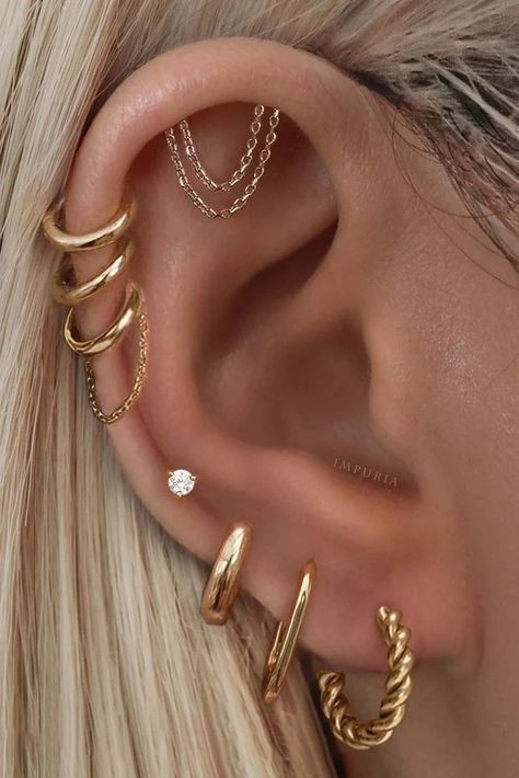 58 of the Best Ear Curation Piercing Ideas from Impuria Piercing Jewelry – Impuria Ear Piercing Jewelry Peicerings Ear, Second Cartilage Piercing, Piercings All The Way Up The Ear, Curated Ear Piercing Small Ears, Right Ear Piercing Ideas, Cute Ears Pierced, Top Cartilage Piercing, Good Piercings, Simple Gold Septum Piercing