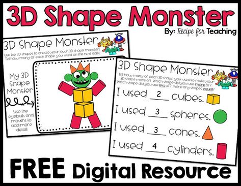 3d Shapes Lesson, 3d Shapes Kindergarten, Shape Monster, Shape Activities Kindergarten, 3d Shapes Activities, Year 1 Maths, Shapes Lessons, Shapes Kindergarten, Shapes Preschool