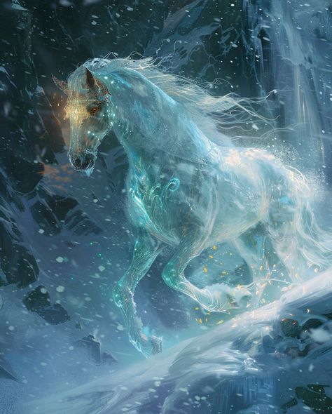 The Frost Horse —————————————————————————————The Frost Horse, a majestic creature of the frozen mountains, embodies the pure essence of ice and snow. With a shimmering mane that flows like frozen rivulets and hooves that sparkle like polished diamonds, this ethereal steed traverses frost-laden landscapes with graceful agility. Its eyes, glowing with a pale gold luminescence, pierce through the darkest nights, guiding lost travelers to safety. The Frost Horse possesses the ability to manipulat... Frost Illustration, Ice Creature, Ice Animals, Ice Horse, Eyes Glowing, Horses Art, Magical Horses, Horse Mane, Horse Ideas