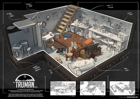 ArtStation - Truman show set design, Jian Zhi ( Jay ) Ng Exercise For Students, Feng Zhu Design, Isometric Room, Interior Concept Art, Feng Zhu, Concept Draw, Sketchbook Journal, The Truman Show, Building Concept