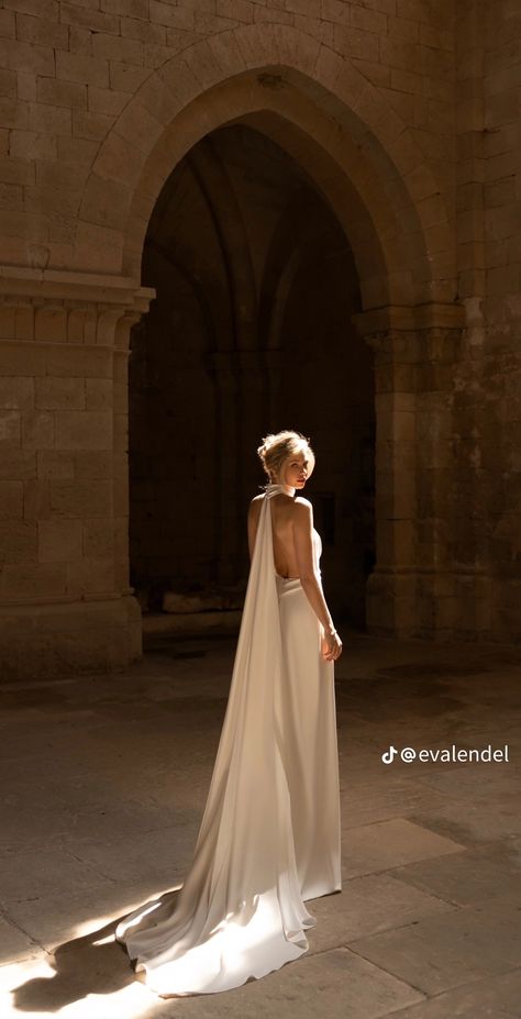 Wedding Dresses Dramatic Back, Long Backless Wedding Dress, Dream Wedding Dresses Elegant, Classic Silhouette Wedding Dress, Low Back Draped Wedding Dress, Elegant Feminine Wedding Dress, Veils For Mermaid Wedding Dress, Long Backless Dress Classy, Sheek Wedding Dresses