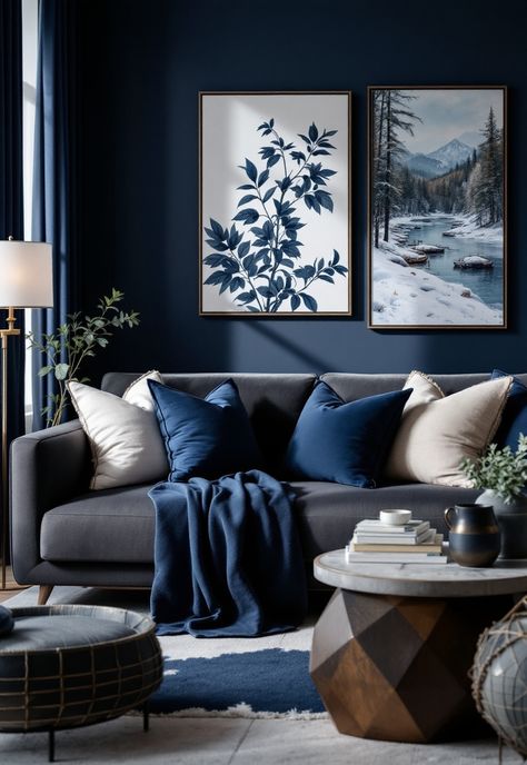 Dark Grey Couch Living Room Grey Living Room With Navy Accents, Grey Couch Blue Accents, Indigo Sofa Living Rooms, Blue Living Room Grey Sofa, Blue And Grey Home Decor, Black White Navy Living Room, Nuetral Pallete Living Room With Blue, Living Room Designs Dark Grey Couch, Dark Blue Sofa Living Room Decor