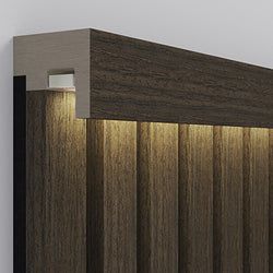 Wood Panel On Wall, Slat Wall Led Lighting, Wood Slat Wall Lighting, Wood Slat Lighting, Led Wooden Panel, Led Slat Wall, Slat Wall Foyer, Wood Slat Wall Design, Wood Decoration Wall