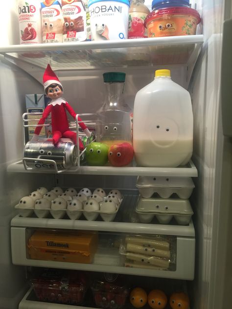 Elf on the Shelf outs googly eyes on everything in the fridge. 👀 Google Eyes Elf On The Shelf, Elf On The Shelf Googly Eyes, Elf On The Shelf Floating Spaghetti, Kids Misbehaving Elf On The Shelf, Elf On The Shelf Memes Hilarious, Elf On Shelf, Googly Eyes, Year 1, Shelf Ideas