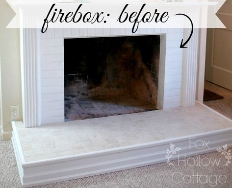 Fireplace Firebox - Before #diy #fireplace Painting The Inside Of A Fireplace, Firebox Makeover, Paint Inside Fireplace, Inside Fireplace Paint, Stone Tile Fireplace, Fireplace Molding, Fireplace Box, Hearth Tiles, Diy Fireplace Mantel