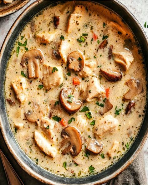 The Cuisine Mile Mushroom Soup Crockpot, Creamy Chicken And Mushroom Soup, Chicken And Mushroom Soup, Chicken Mushroom Soup, Comfort Soup Recipes, Chicken And Mushroom, Creamy Mushroom Soup, Leftovers Soup, Chicken Mushroom