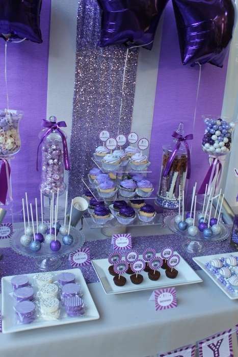 Dance Inspired Birthday Party Ideas | Photo 9 of 59 | Catch My Party Purple Birthday Set, Euphoria Themed Desserts, Euphoria Dessert Table, Purple Dessert Shooters, Euphoria Party Table Decor, Sour 17 Birthday Party, Quinceanera Dessert Table Ideas Lavender, Purple Dessert Table Ideas, Light Purple Birthday Party Ideas