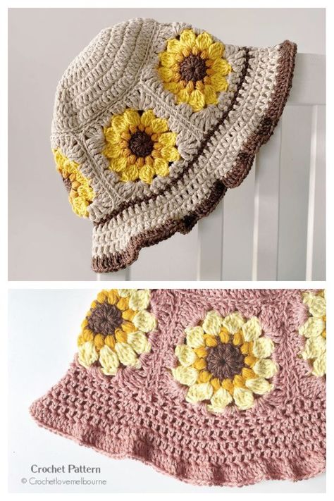 Daisy Bucket Hat Crochet Pattern, Daisy Crochet Bucket Hat, Crochet Sunflower Bucket Hat, Crochet Sunflower Hat Pattern Free, Crochet Toddler Bucket Hat, Flower Crochet Bucket Hat, Sunflower Hat Crochet, Sunflower Crochet Hat, Crochet Sunflower Hat