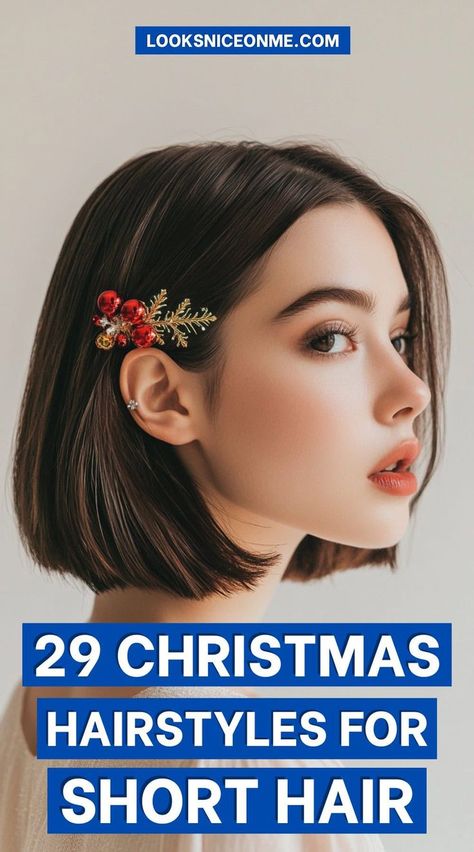 Celebrate the season with these 29 must-try Christmas hairstyles for short hair! Whether you’re looking for elegant waves or fun holiday-themed accessories, these hairstyles will help you look fabulous and festive for any Christmas event. Short hair has never looked so merry! Holiday Hair Short Bob, Holiday Updo Short Hair, Short Holiday Hair, Xmas Party Hairstyles, Holiday Short Hairstyles, Short Hair Holiday Hairstyles, Easy Party Hairstyles For Short Hair, Elegant Short Hairstyles Classy, Short Hairstyles With Clips