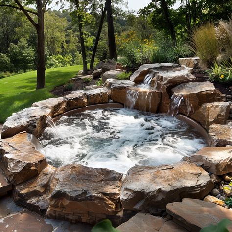 outdoor-hot-tub-ideas Outdoor In Ground Hot Tub, Backyard Hot Tub Ideas Outdoor Spa, Hot Tub In Garden Ideas, Waterfall Hot Tub, In Ground Spa Ideas, Large Hot Tub Ideas Backyard, Hottub Deck Ideas Backyard Hot Tubs, Hot Tub Built Into Hillside, Hot Tub Fire Pit Combo