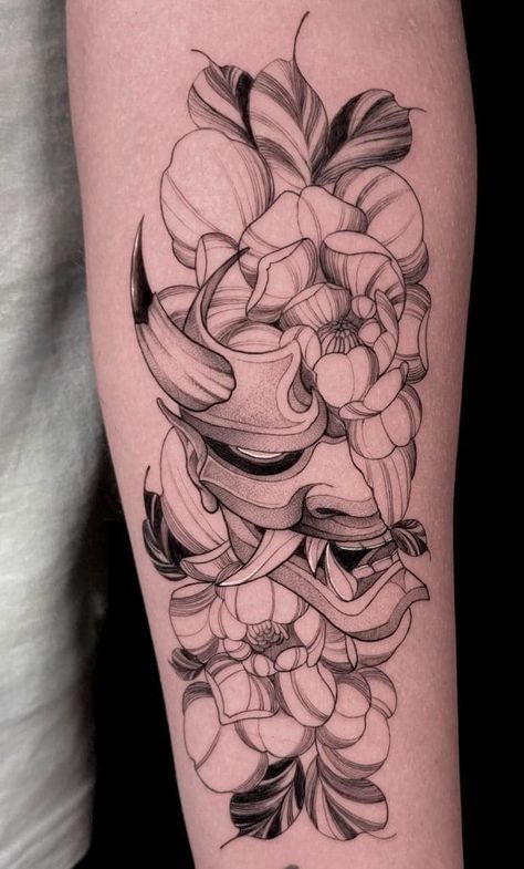 Tattoo Oni, Oni Tattoos, Oni Mask Woman Tattoo, Oni Tattoo Sleeve, Hannya Mask Tattoo Woman, Japanese Hannya Mask Tattoo, Oni Mask Tattoo Thigh, Oni Mask Calf Tattoo, Mask Tattoos