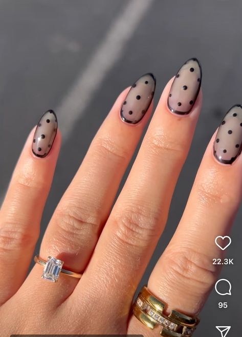 Sheer Black Polka Dot Nails, Minimal Dot Nails, Nails For All Black Outfit, Pokadot Nails Fall, Sheer Polka Dot Nails, Nail Ideas Polka Dots, Fall Dot Nails, Black Nails With Polka Dots, Brown Nails With Polka Dots